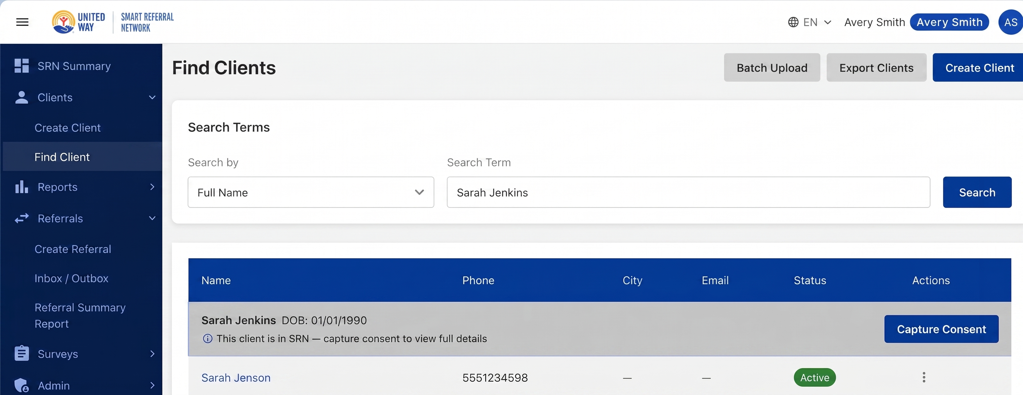 SRN Find Client panel showing how to capture consent